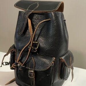Vintage Black Leather Backpack with Tan Details